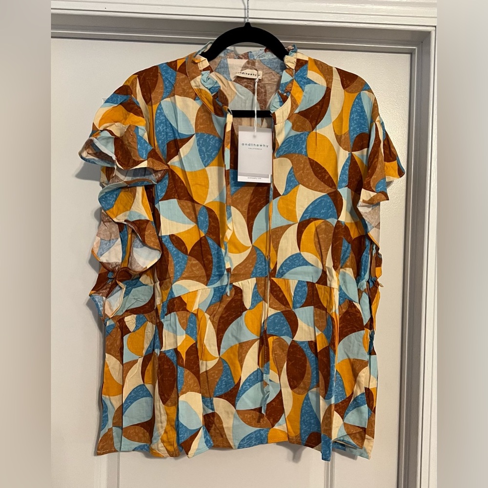 And the Way Printer Ruffle Baby Doll Top XXL